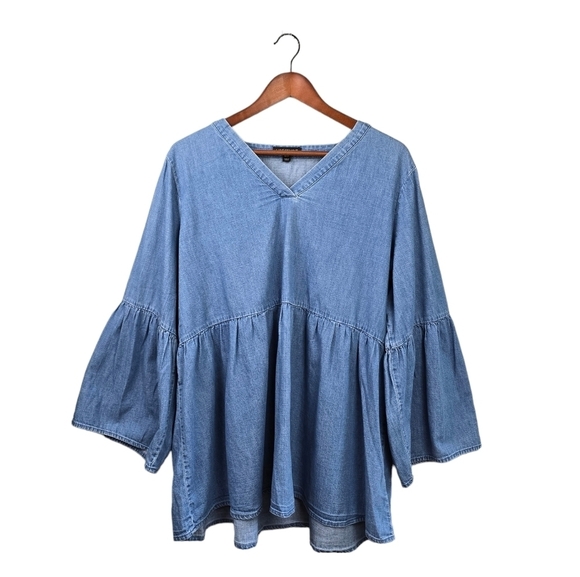 LANEBRYANT‎ Chambray Bell Sleeve V-neck Blouse Blue Womens Plus Sz 18/20 - Picture 2 of 12